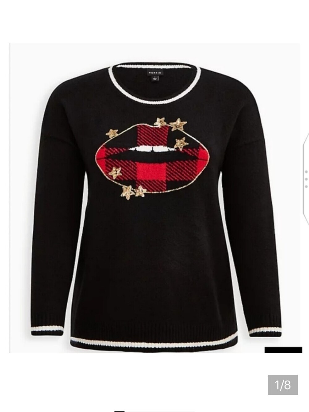 ๐๐ 3X BLACK CREW SWEATER WITH SEQUIN STARS + PLAID LIPS๐